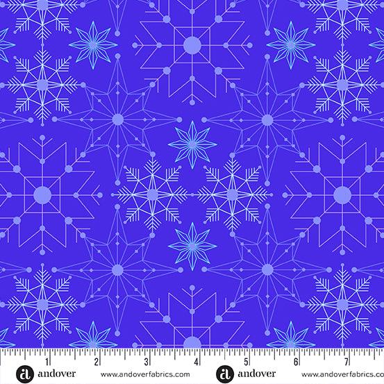 Deco Frost Crystalize in Tempest features delicate aqua, lavender, and white snowflakes arranged across a royal blue background.