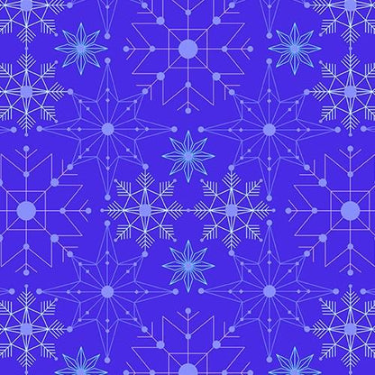 Deco Frost Crystalize in Tempest features delicate aqua, lavender, and white snowflakes arranged across a royal blue background.