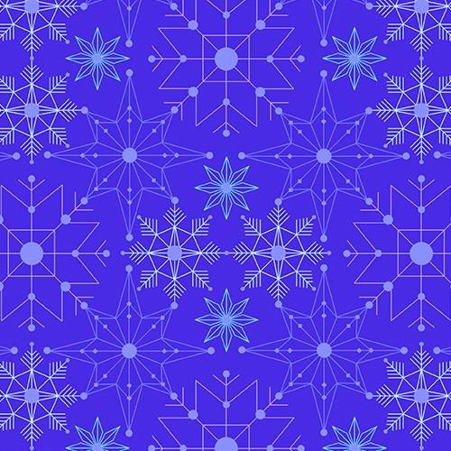 Deco Frost Crystalize in Tempest features delicate aqua, lavender, and white snowflakes arranged across a royal blue background.