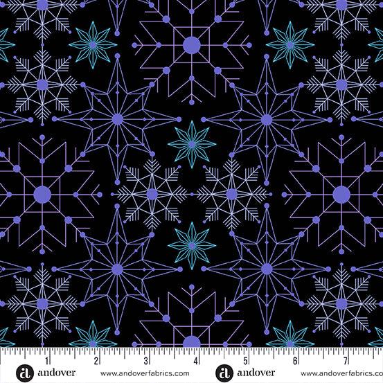 Deco Frost Crystalize in Inclement features delicate aqua, lavender, and white snowflakes arranged across a black background.