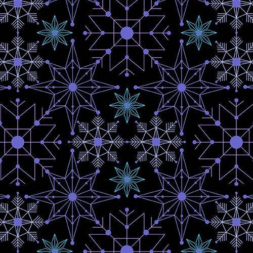 Deco Frost Crystalize in Inclement features delicate aqua, lavender, and white snowflakes arranged across a black background.