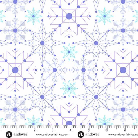 Deco Frost Crystalize in Avalanche features delicate snowflakes in shades of aqua, blue, and purple arranged across a white background.