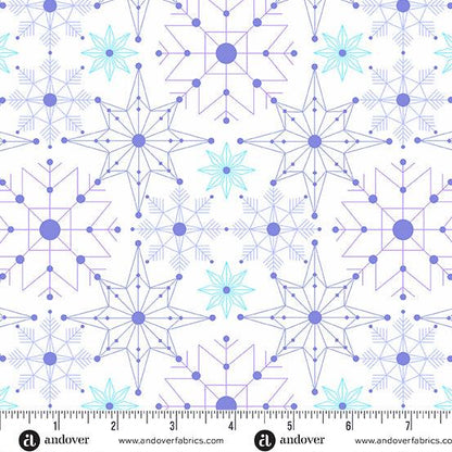 Deco Frost Crystalize in Avalanche features delicate snowflakes in shades of aqua, blue, and purple arranged across a white background.