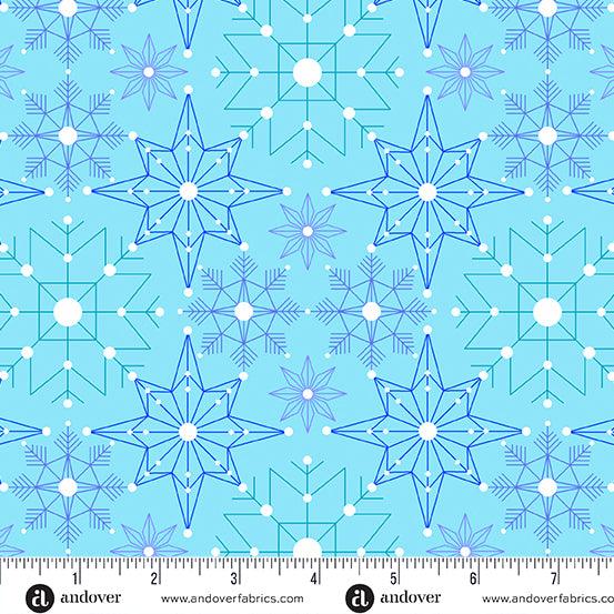 Deco Frost Crystalize in Aurora features delicate snowflakes in shades of aqua, blue, and navy arranged across a sky-blue background.