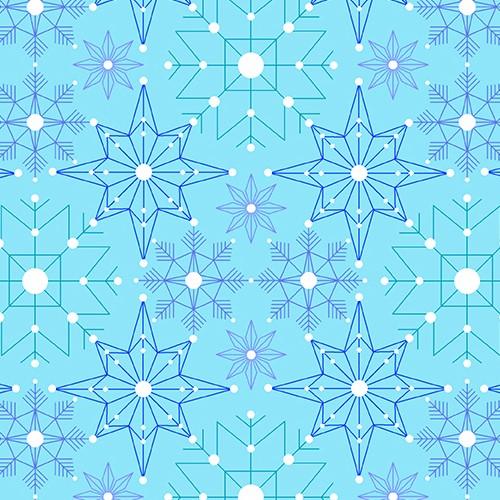 Deco Frost Crystalize in Aurora features delicate snowflakes in shades of aqua, blue, and navy arranged across a sky-blue background.