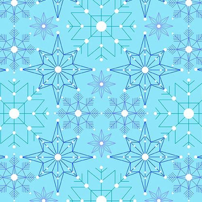 Deco Frost Crystalize in Aurora features delicate snowflakes in shades of aqua, blue, and navy arranged across a sky-blue background.