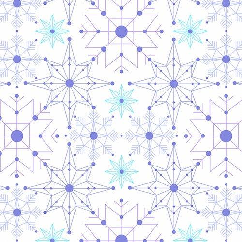 Deco Frost Crystalize in Avalanche features delicate snowflakes in shades of aqua, blue, and purple arranged across a white background.