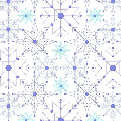 Deco Frost Crystalize in Avalanche features delicate snowflakes in shades of aqua, blue, and purple arranged across a white background.