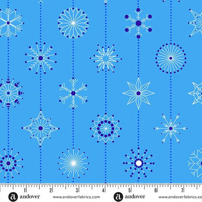 Deco Frost Snowflakes in Frost features stripes of delicate, varied snowflakes in white and navy on a royal blue background. The dotted stripes run parallel to the selvage edge.