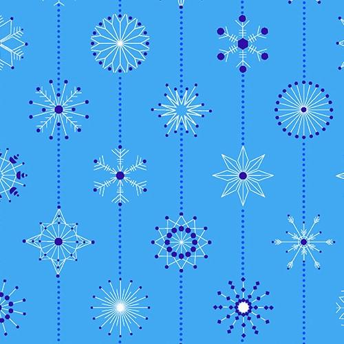 Deco Frost Snowflakes in Frost features stripes of delicate, varied snowflakes in white and navy on a royal blue background. The dotted stripes run parallel to the selvage edge.