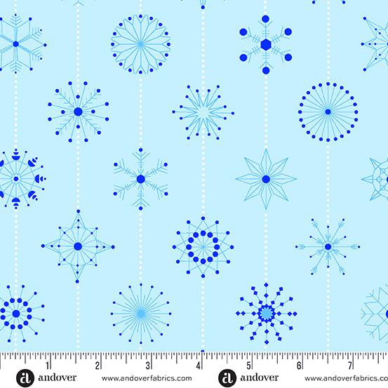 Deco Frost Snowflakes in Arctic features stripes of delicate, varied snowflakes in blue and white on a sky-blue background. The dotted stripes run parallel to the selvage edge.