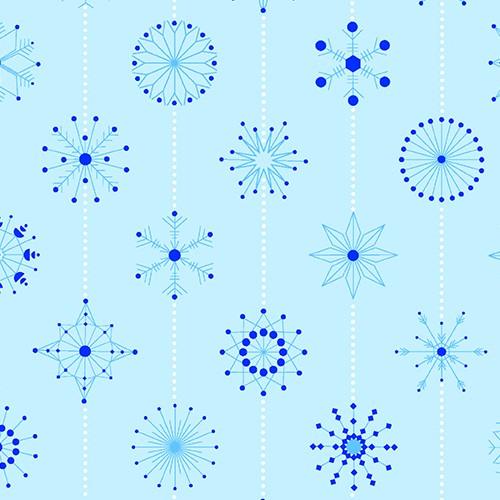 Deco Frost Snowflakes in Arctic features stripes of delicate, varied snowflakes in blue and white on a sky-blue background. The dotted stripes run parallel to the selvage edge.