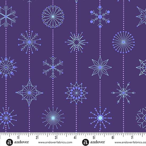 Deco Frost Snowflakes in Winter Plum features stripes of delicate, varied snowflakes in periwinkle and lavender on a dark purple background. The dotted stripes run parallel to the selvage edge.