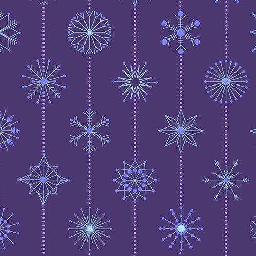 Deco Frost Snowflakes in Winter Plum features stripes of delicate, varied snowflakes in periwinkle and lavender on a dark purple background. The dotted stripes run parallel to the selvage edge.