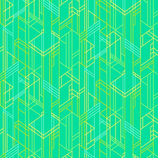 Deco Glo II Meander in Keylime features an abstract geometric design of green, blue, and yellow lines on a bright green background.