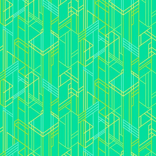 Deco Glo II Meander in Keylime features an abstract geometric design of green, blue, and yellow lines on a bright green background.