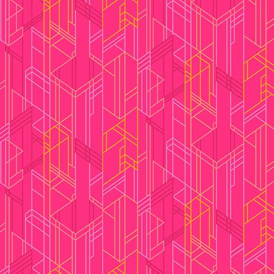 Deco Glo II Meander in Prickly Pear features an abstract geometric design of yellow, peach, lavender, and magenta lines on a bright pink background.