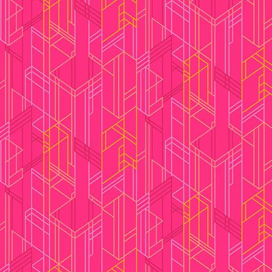 Deco Glo II Meander in Prickly Pear features an abstract geometric design of yellow, peach, lavender, and magenta lines on a bright pink background.