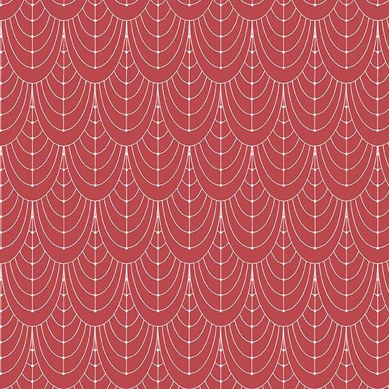 Century Prints Deco Curtains in Barnrose features elegant swags of white art deco curves on a deep rosy background.