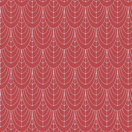 Century Prints Deco Curtains in Barnrose features elegant swags of white art deco curves on a deep rosy background.