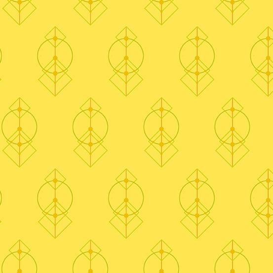 Deco Glo II Talisman in Lemon features green and gold interlocking diamonds, dots, and circles on a bright yellow background.