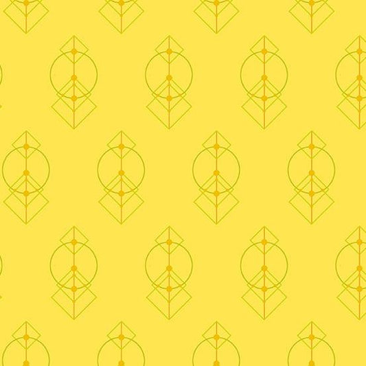 Deco Glo II Talisman in Lemon features green and gold interlocking diamonds, dots, and circles on a bright yellow background.