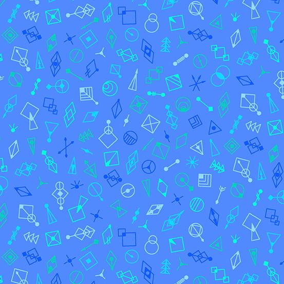 Deco Glo II Glitter in Blueberry features tiny blue and green geometric shapes tossed across a cornflower blue background.