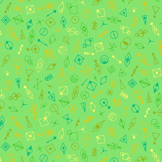 Deco Glo II Glitter in Honeydew features tiny green, blue, and yellow geometric shapes tossed across a bright green background.