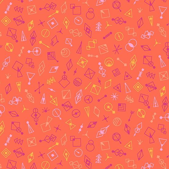 Deco Glo II Glitter in Persimmon features tiny pink, purple, and yellow geometric shapes tossed across a bright orange background.