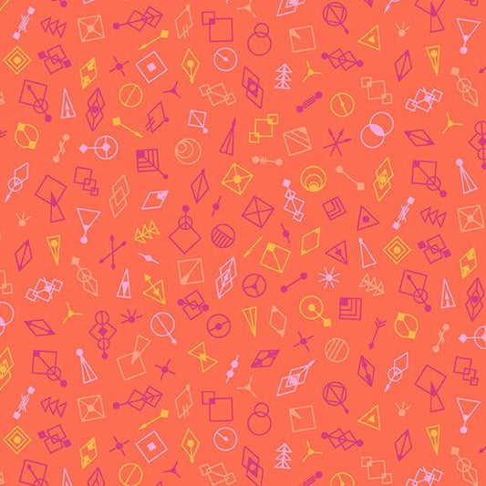 Deco Glo II Glitter in Persimmon features tiny pink, purple, and yellow geometric shapes tossed across a bright orange background.