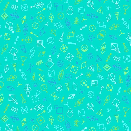 Deco Glo II Glitter in Blue Java features tiny blue and green geometric shapes tossed across a light teal background.