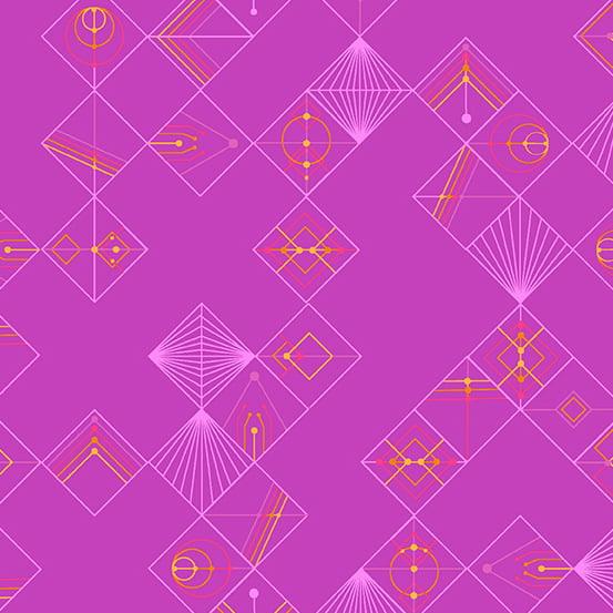 Deco Glo II Tiles in Sloe Plum features abstract geometric designs in pink, yellow, and orange framed by lavender diamonds on a bright fuchsia background.