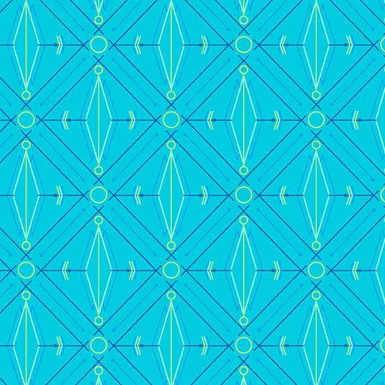 Deco Glo II Lotus in Boysenberry features green and blue diamonds, circles, and lines arranged in a grid across a turquoise background.