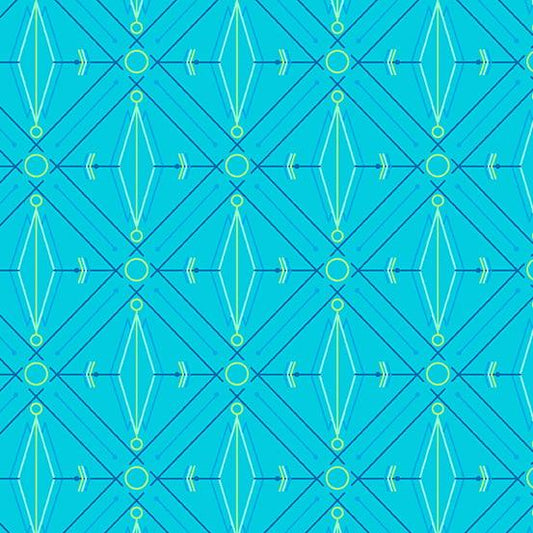 Deco Glo II Lotus in Boysenberry features green and blue diamonds, circles, and lines arranged in a grid across a turquoise background.