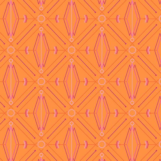 Deco Glo II Lotus in Mango features pink and purple diamonds, circles, and lines arranged in a grid across a bright orange background.