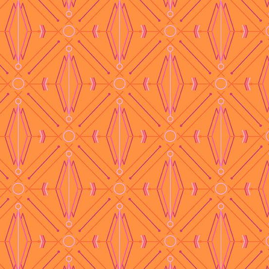 Deco Glo II Lotus in Mango features pink and purple diamonds, circles, and lines arranged in a grid across a bright orange background.