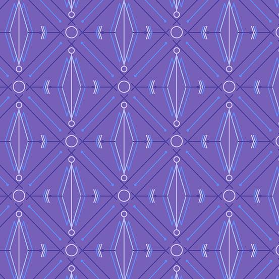 Deco Glo II Lotus in Concord features blue and lavender diamonds, circles, and lines arranged in a grid across a violet background.