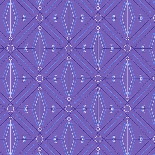 Deco Glo II Lotus in Concord features blue and lavender diamonds, circles, and lines arranged in a grid across a violet background.