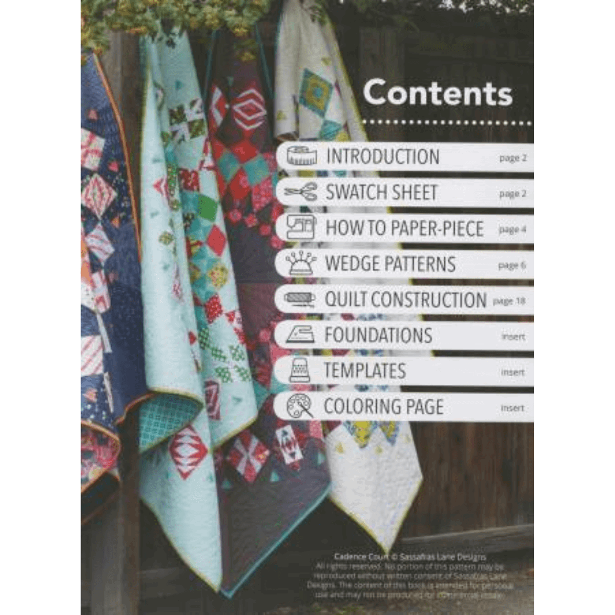 The Cadence Court Quilt Pattern from Sassafras Lane is a fresh take on a popular Block-of-the-Month style quilt! This quilt book features 12 unique wedge designs - each repeated twice - that make up a modern circular motif. 