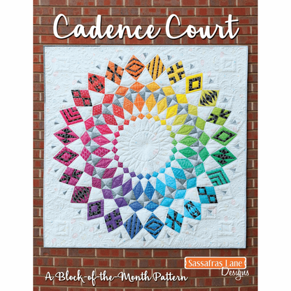 The Cadence Court Quilt Pattern from Sassafras Lane is a fresh take on a popular Block-of-the-Month style quilt! This quilt book features 12 unique wedge designs - each repeated twice - that make up a modern circular motif. 