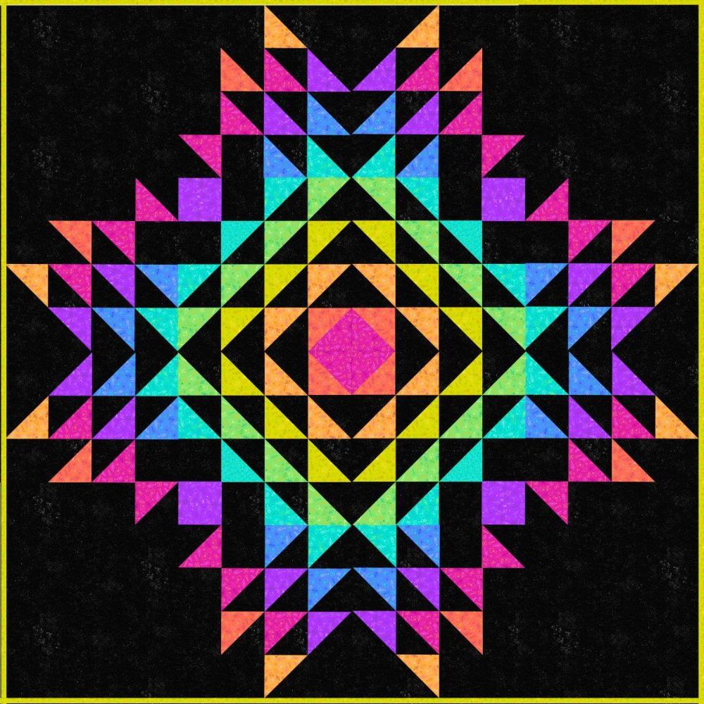 The Canyon Road Quilt Pattern makes a vivid and radiant rainbow quilt. The dynamic color shifts form a pleasing mandala design and the black background sets off the jewel-tone prints for a dramatic, contemporary look.