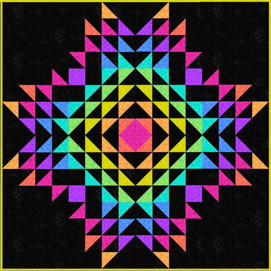 The Canyon Road Quilt Pattern makes a vivid and radiant rainbow quilt. The dynamic color shifts form a pleasing mandala design and the black background sets off the jewel-tone prints for a dramatic, contemporary look.