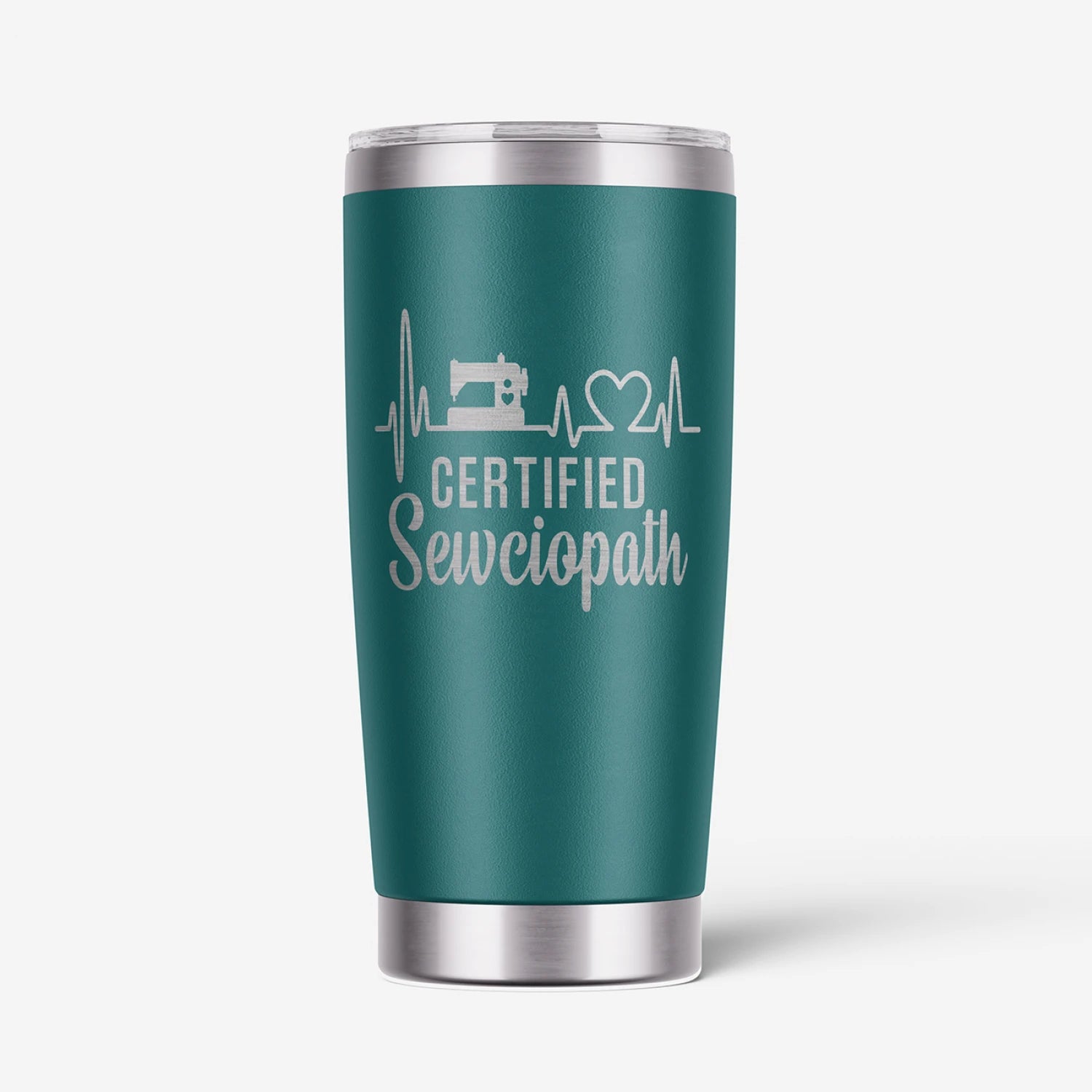 A teal travel tumbler featuring a white graphic that reads 'CERTIFIED Sewciopath' with sewing machine, heart, and heartbeat icons.