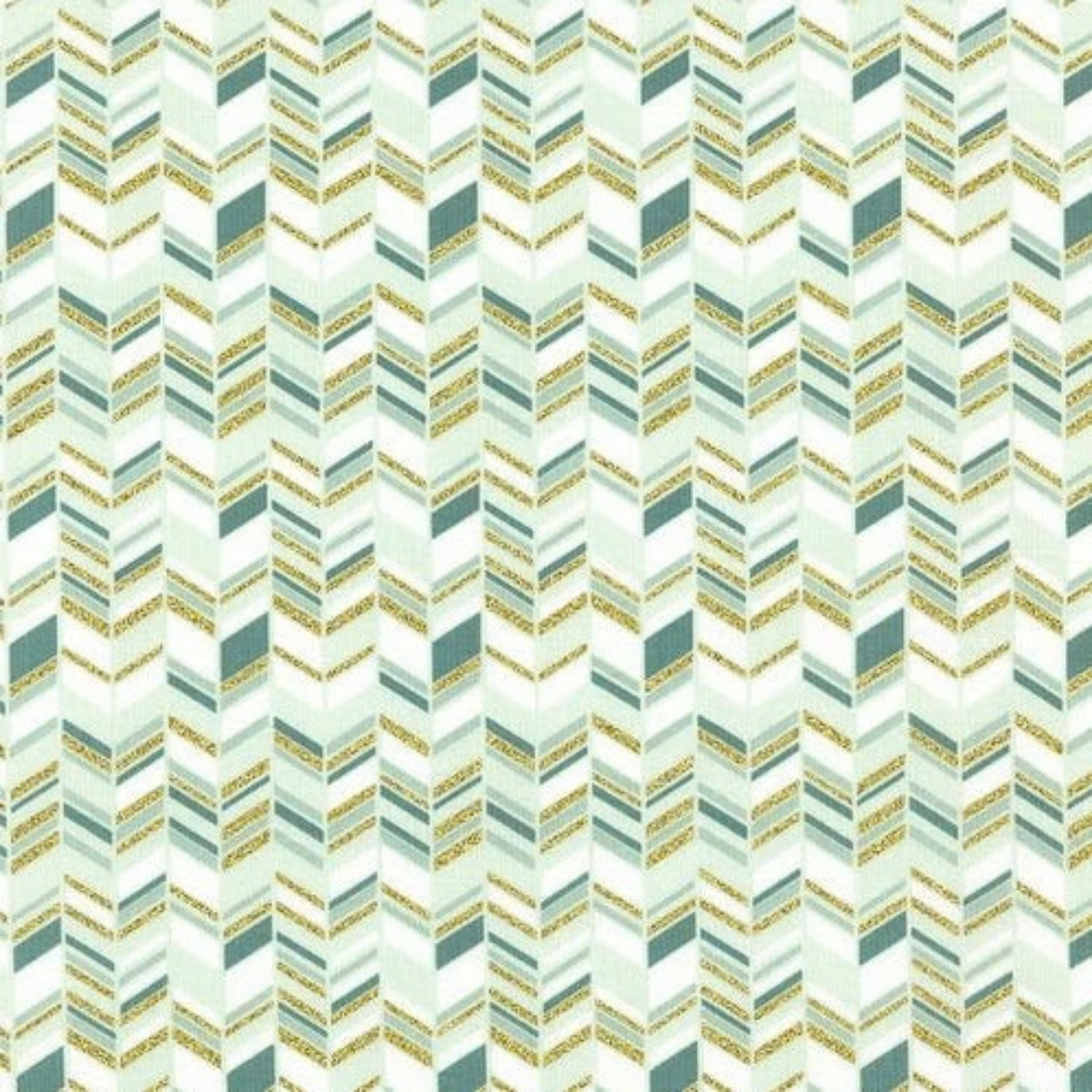 Patterned fabric with a zigzag design in teal and gold tones.