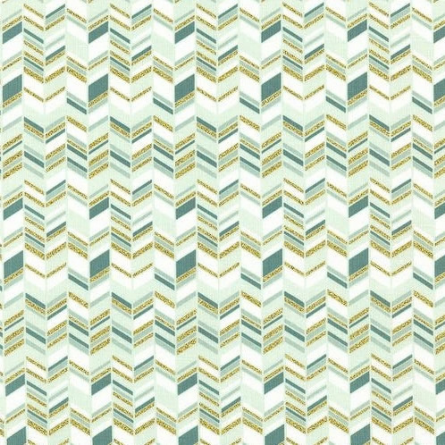 Patterned fabric with a zigzag design in teal and gold tones.