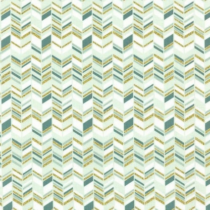 Patterned fabric with a zigzag design in teal and gold tones.