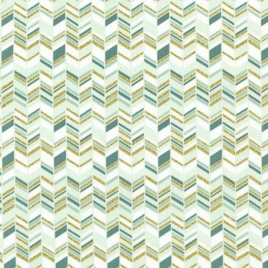 Patterned fabric with a zigzag design in teal and gold tones.