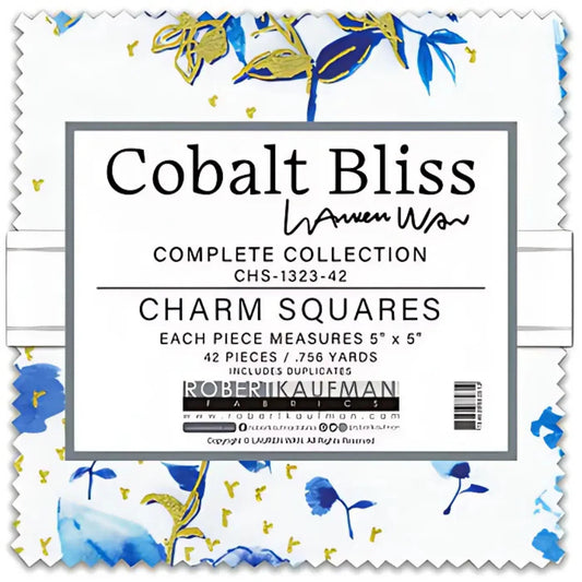 Cobalt Bliss fabric squares with blue, white, and gold floral pattern