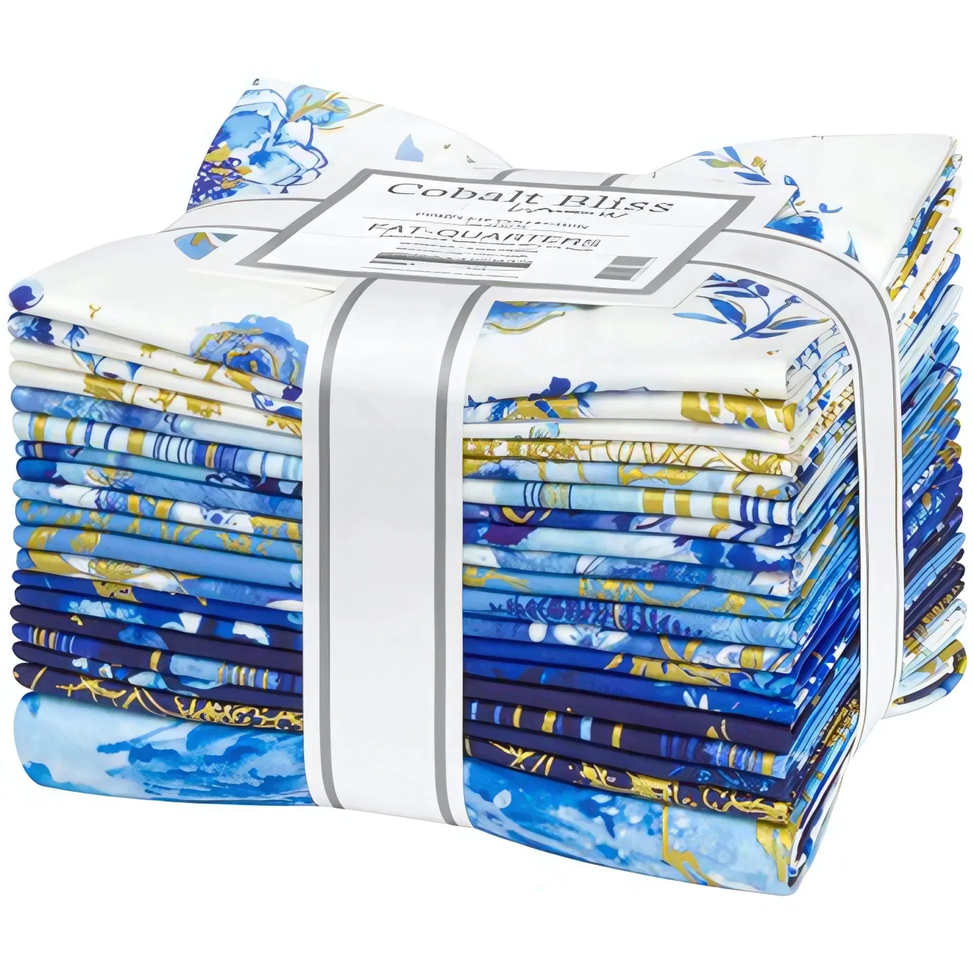 Pack of blue and white fabric squares with 'Cobalt Bliss' label on a white background