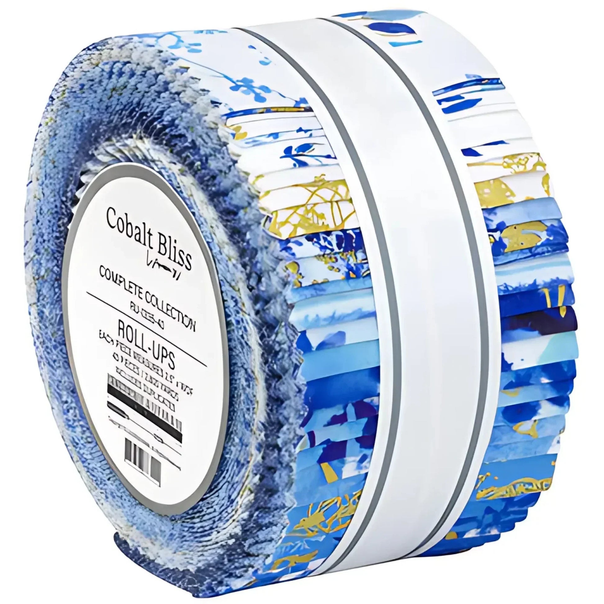 Roll of blue and white fabric stripes with a 'Cobalt Bliss' label on a white background